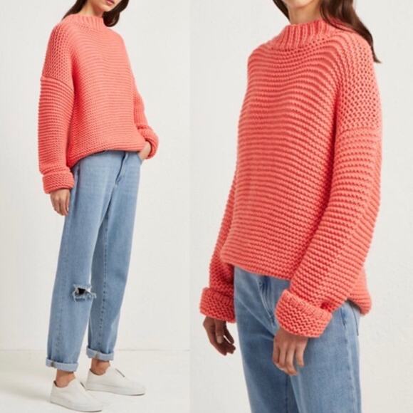 French Connection Chunky Knit Sweater Neon Bright Coral Oversized Size XS - Picture 1 of 10
